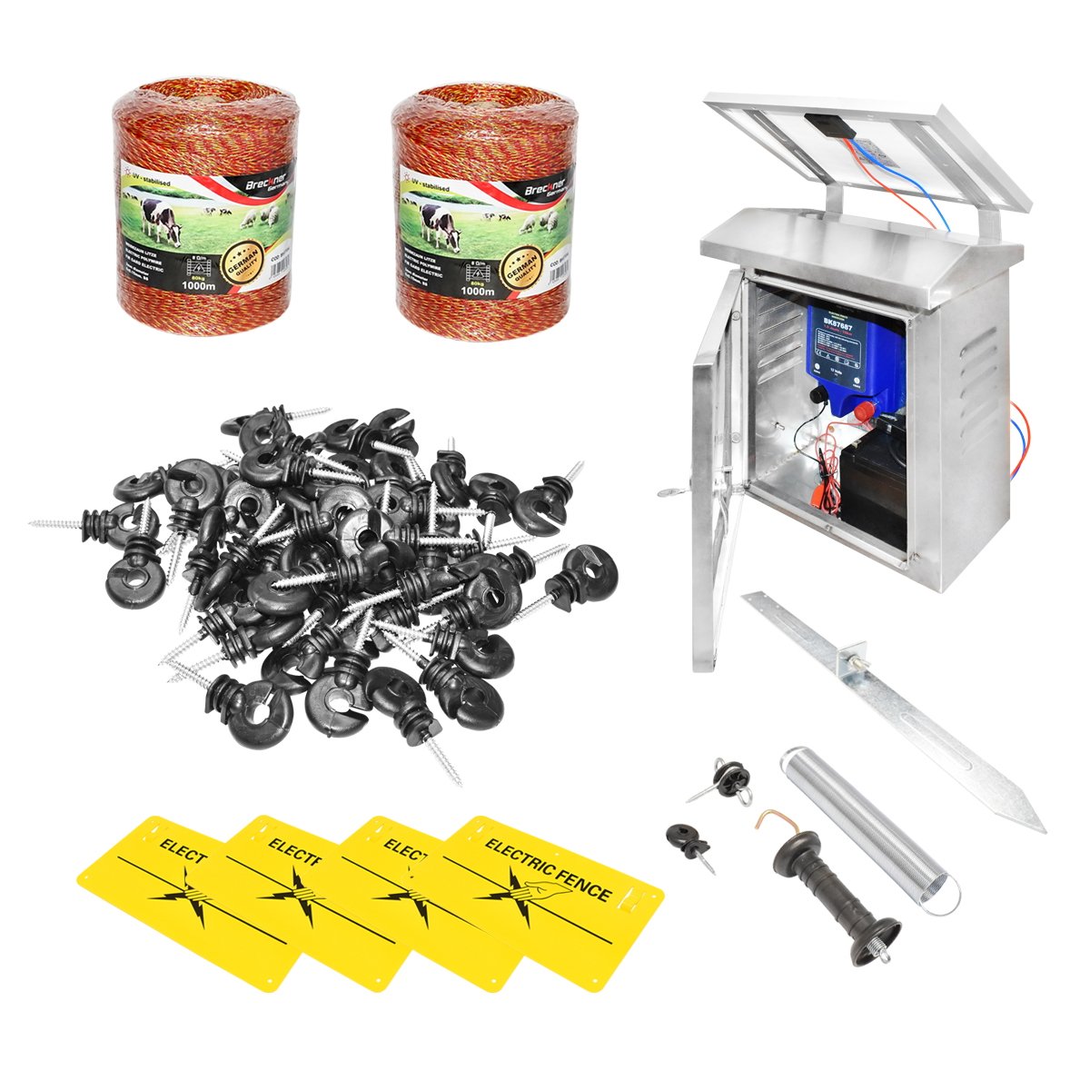 Kit complet gard electric 12V. 12 Joule cu panou solar 30W. baterie 12V/12Ah. lungime fir 2000M. 100 izolatori, kit poarta, 4 placute de avertizare Breckner Germany